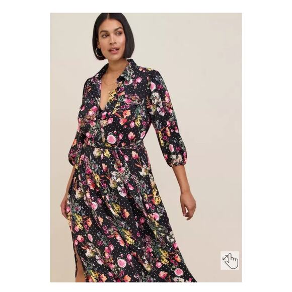 Torrid Black Floral Refined Woven Midi Shirt Dress Sz.4 NWT - Picture 2 of 16